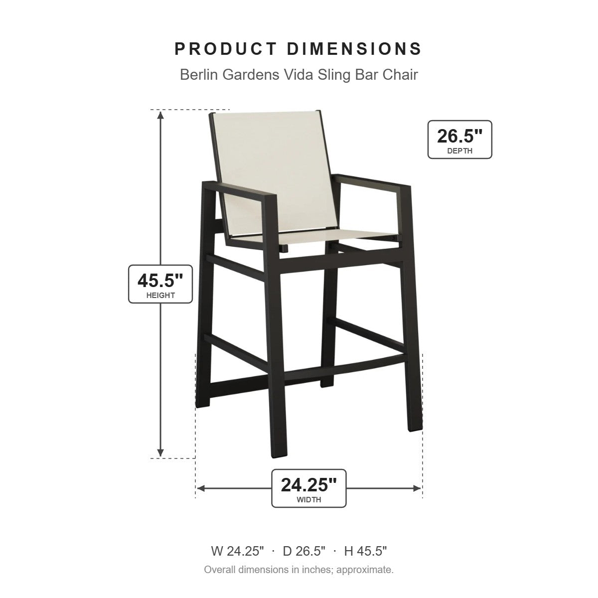 Berlin Gardens Vida Sling Bar Chair dimensions: 24.25 in W x 26.375 in D x 45.5 in H
