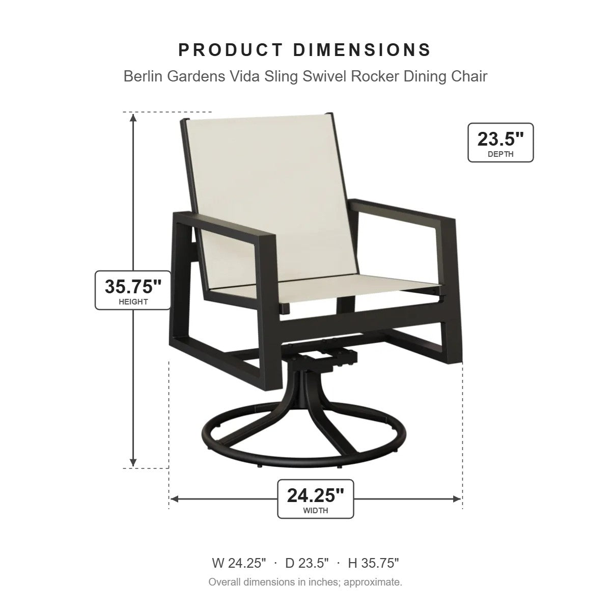 Berlin Gardens Vida Sling Swivel Rocker Dining Chair dimensions: 24.25 in W x 23.5 in D x 35.75 in H