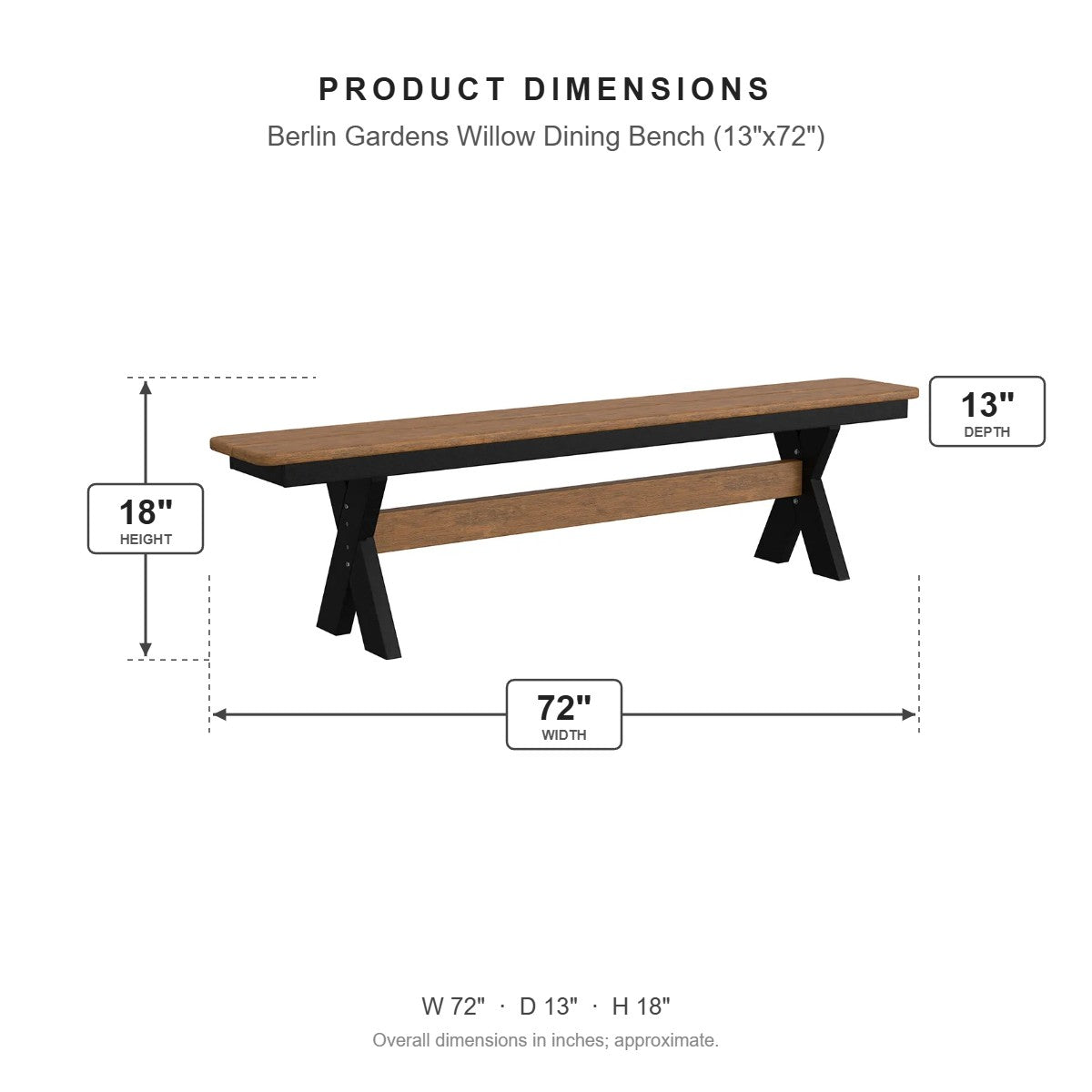 Berlin Gardens Willow Dining Bench (13"x72") dimensions: 72 in W x 13 in D x 18 in H