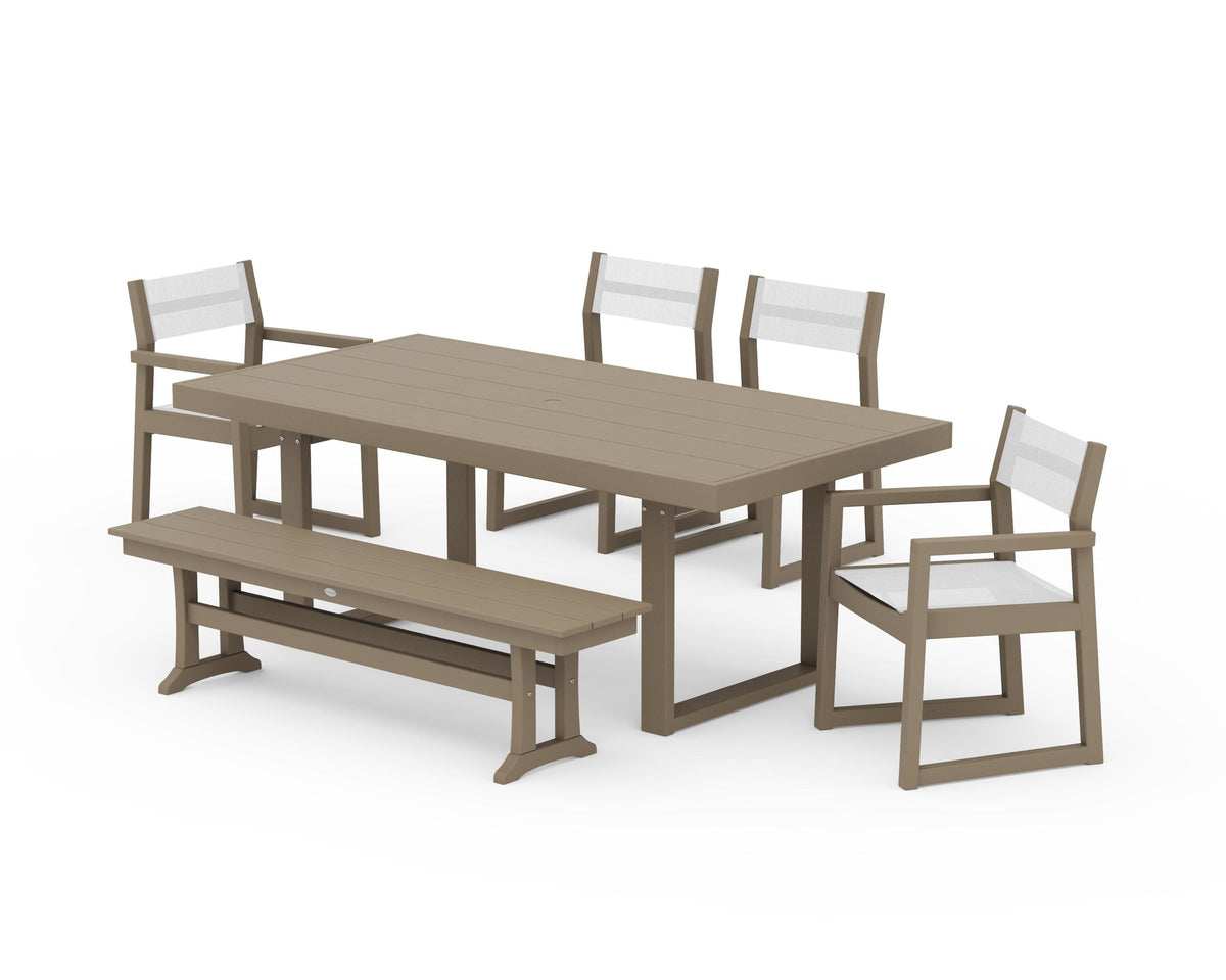 POLYWOOD EDGE Sling 6-Piece Dining Set with Bench in Vintage Sahara / White