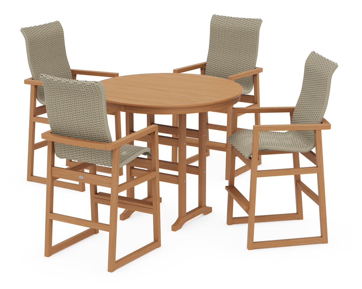 POLYWOOD EDGE Woven Highback 5-Piece Round Farmhouse Bar Set in Natural / Dune Grass