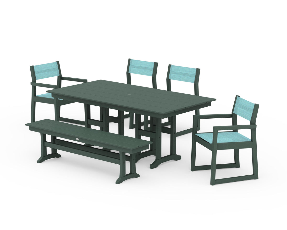 POLYWOOD EDGE Sling 6-Piece Farmhouse Dining Set in Green / Dupioni Aquamarine