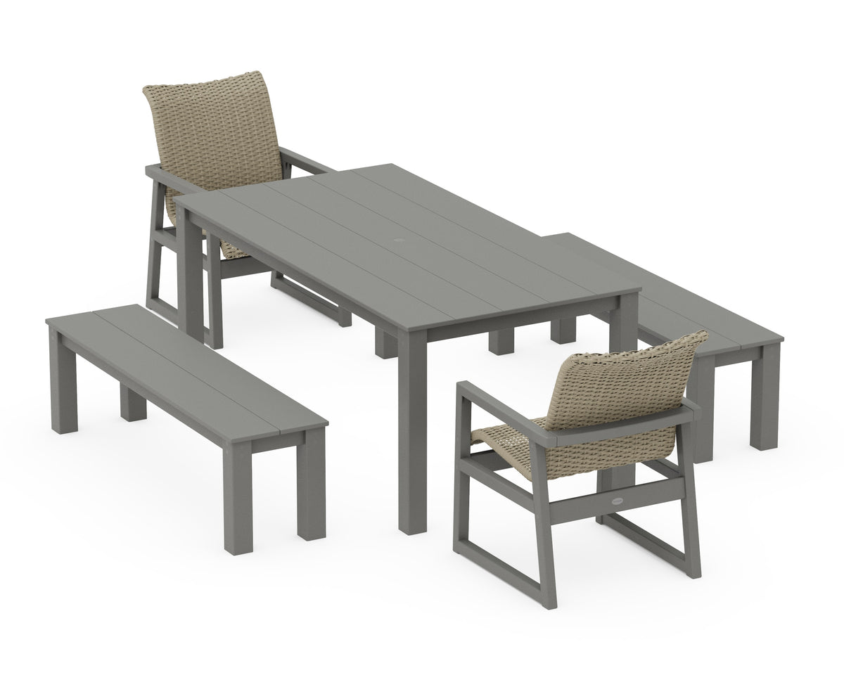 POLYWOOD EDGE Woven 5-Piece Parsons Dining Set with Benches in Slate Grey / Dune Grass