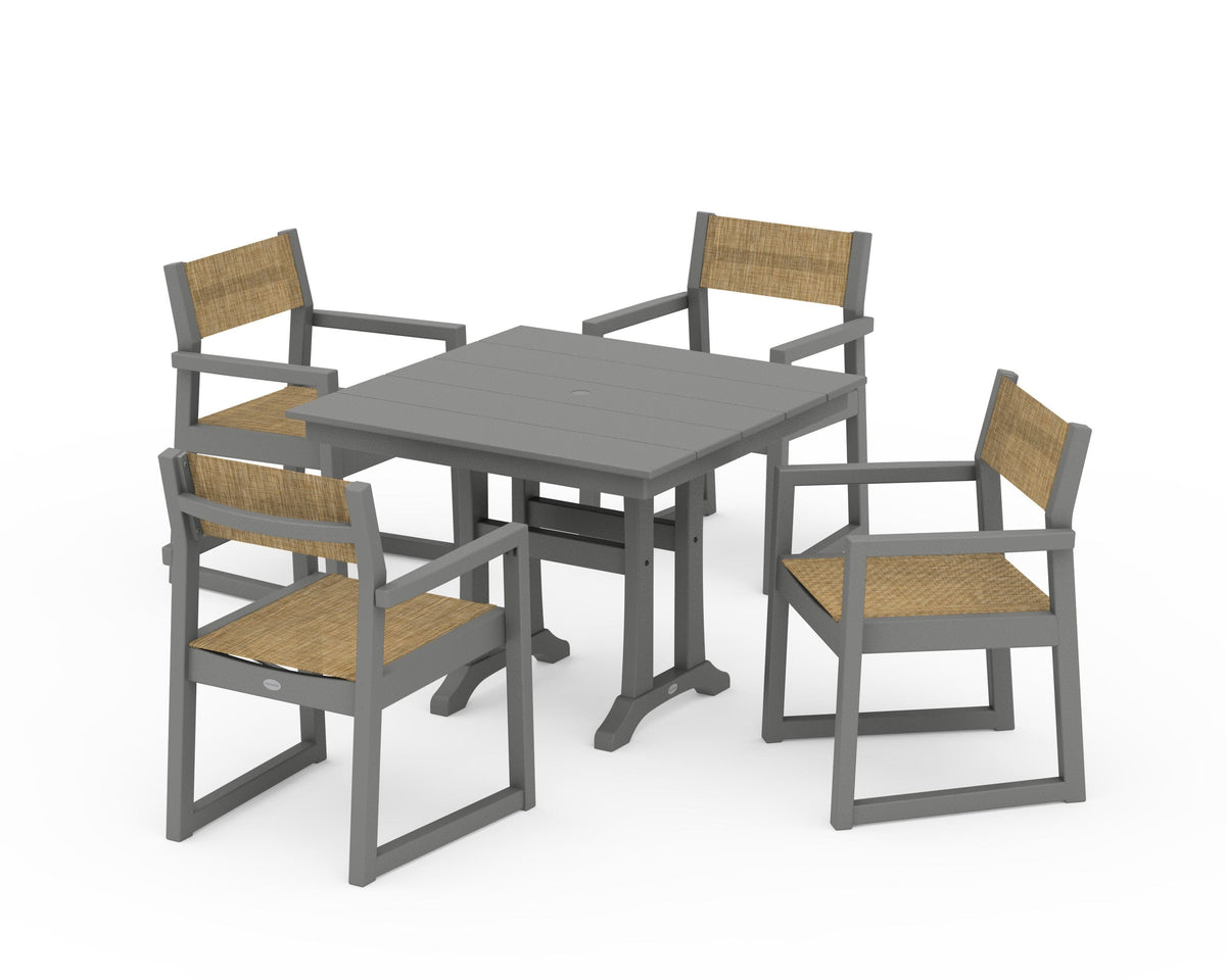 POLYWOOD EDGE Sling 5-Piece Farmhouse Dining Set with Trestle Legs in Slate Grey / Burlap