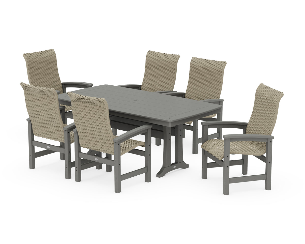 POLYWOOD Coastal Woven High-Back Arm Chair 7-Piece Dining Set with Trestle Legs in Slate Grey / Dune Grass