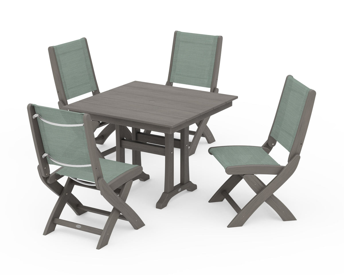 POLYWOOD Coastal Folding Side Chair 5-Piece Farmhouse Dining Set With Trestle Legs in Driftwood / Dupioni Sea Mist