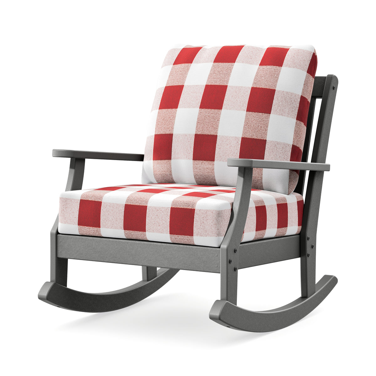 POLYWOOD Braxton Deep Seating Rocking Chair in Slate Grey / Buffalo Plaid Crimson