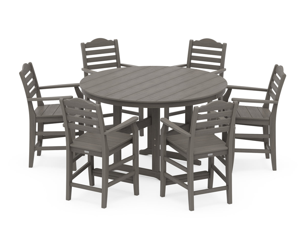 POLYWOOD Savannah 7-Piece Arm Chair Round Farmhouse Counter Set in Driftwood