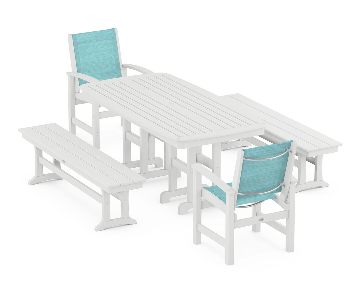 POLYWOOD Coastal 5-Piece Dining Set with Nautical 37" x 72" Dining Table in White / Dupioni Aquamarine