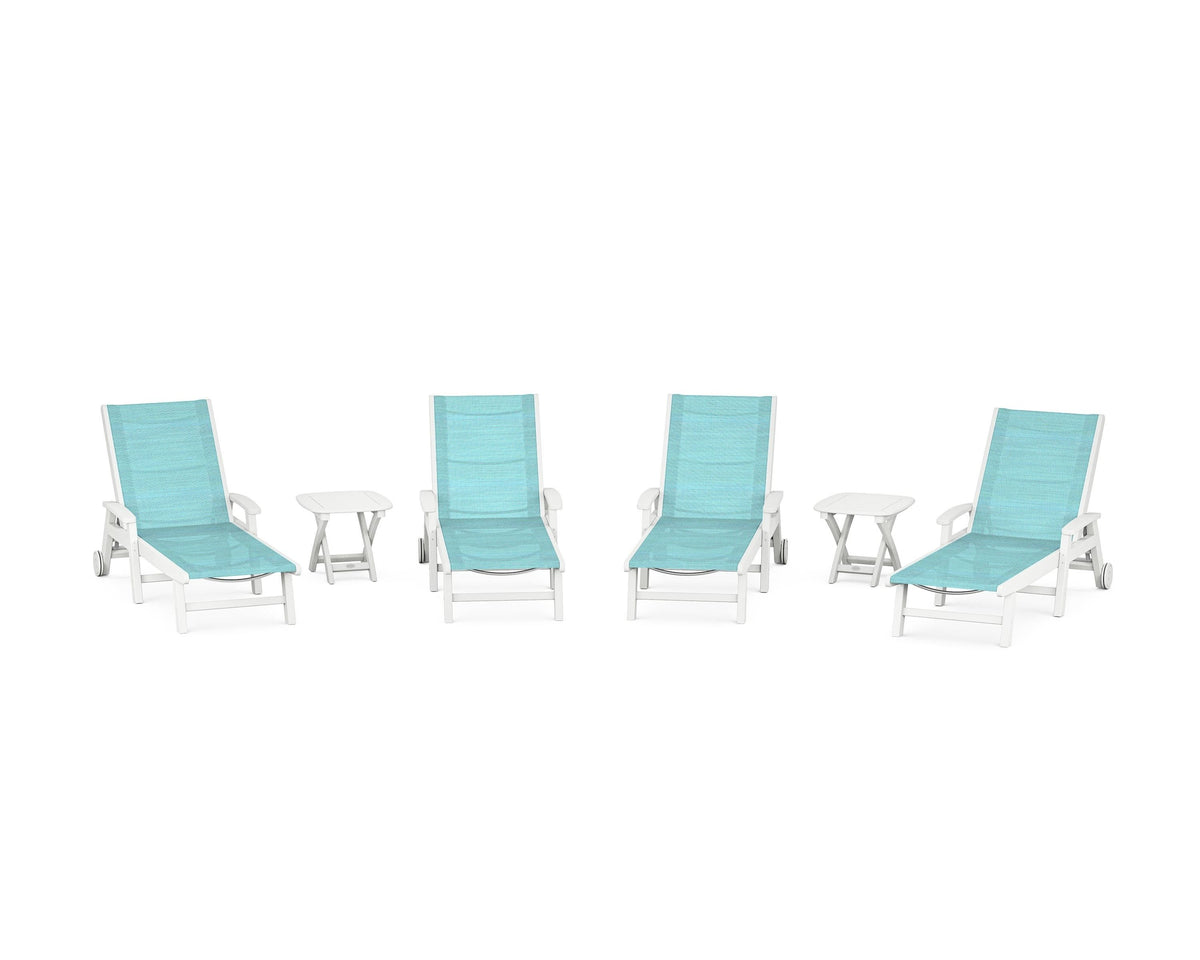 POLYWOOD Coastal Chaise 6-Piece Set with Wheels in White / Dupioni Aquamarine