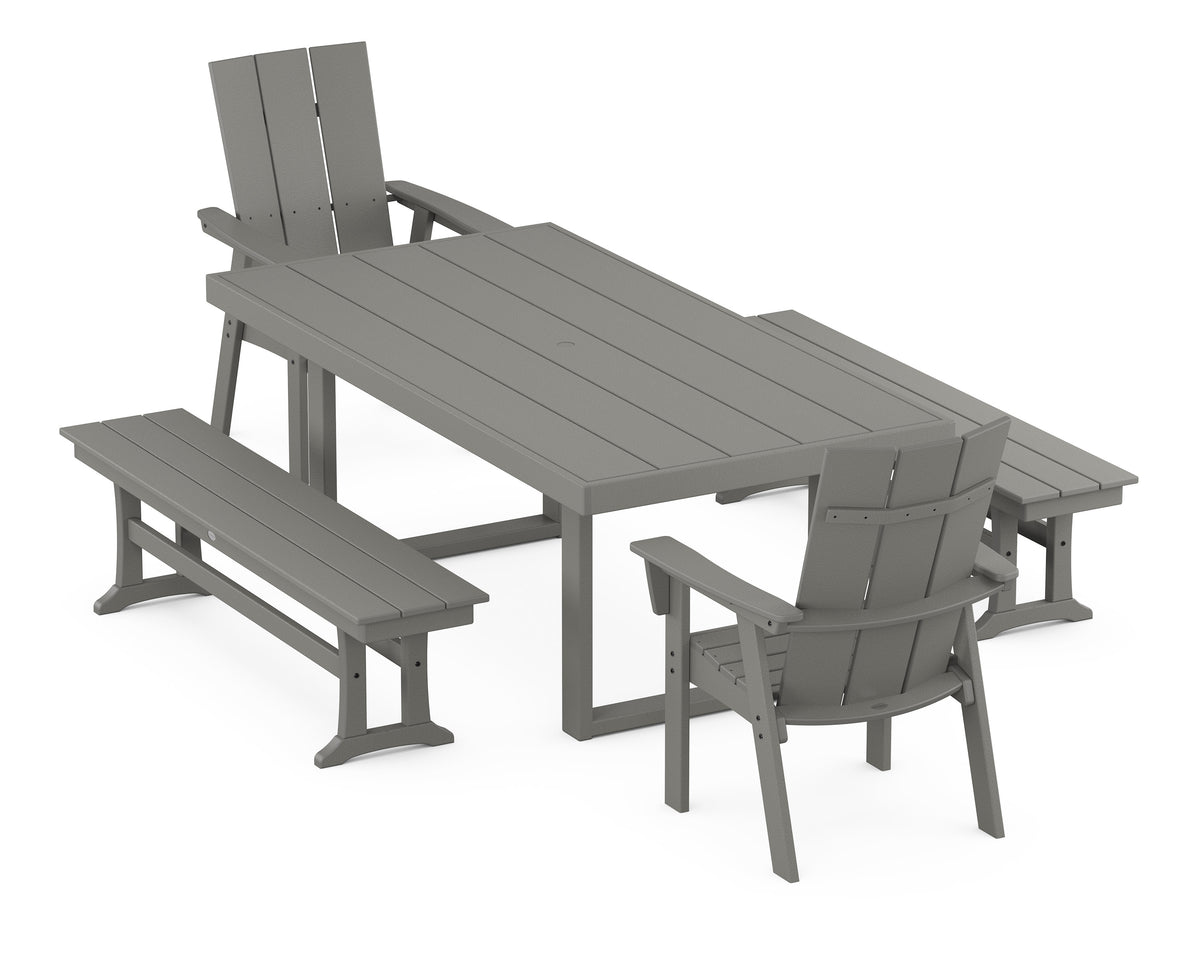 POLYWOOD Modern Curveback Adirondack 5-Piece Dining Set with Benches - 39" x 78" Table in Slate Grey