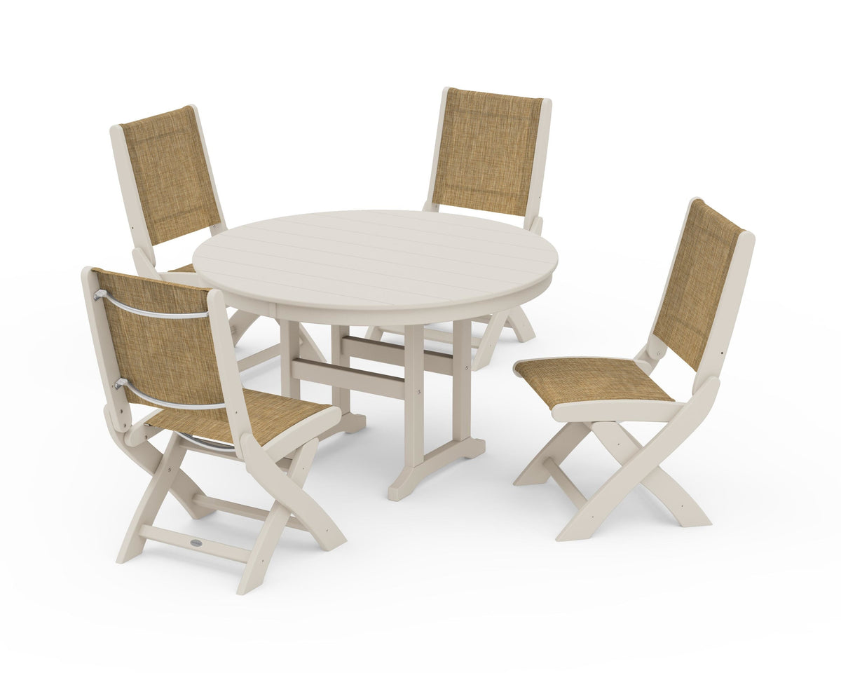 POLYWOOD Coastal Folding Side Chair 5-Piece Round Dining Set in Sand / Burlap