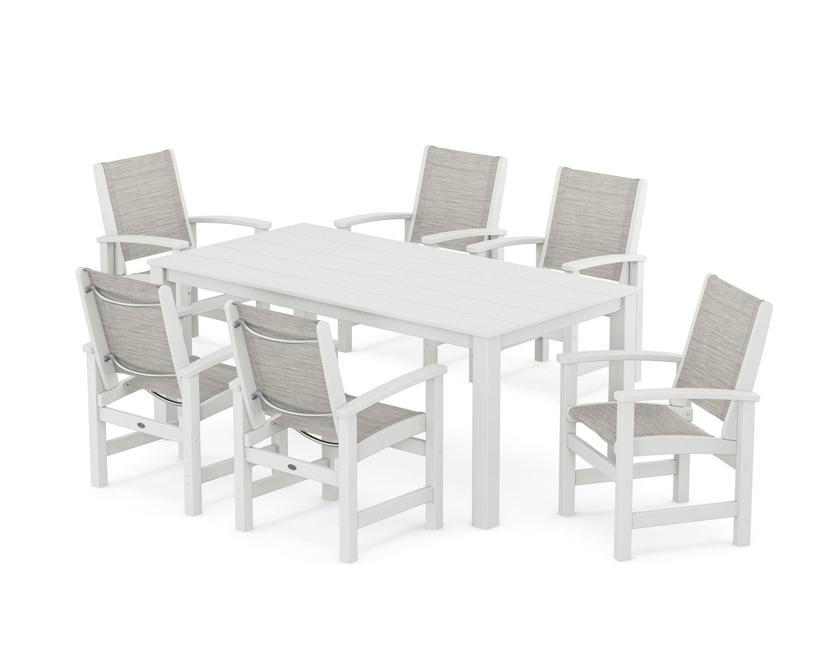 POLYWOOD Coastal 7-Piece Parsons Dining Set in White / Birch