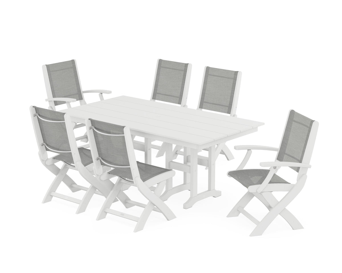 POLYWOOD Coastal Folding Chair 7-Piece Farmhouse Dining Set in White / Metallic
