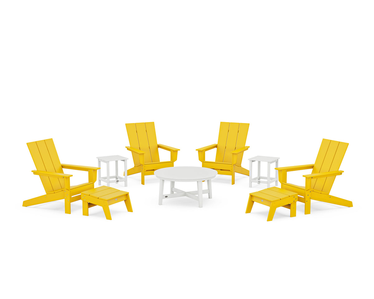 POLYWOOD Modern Studio Adirondack 9-Piece Conversation Set in Lemon / White