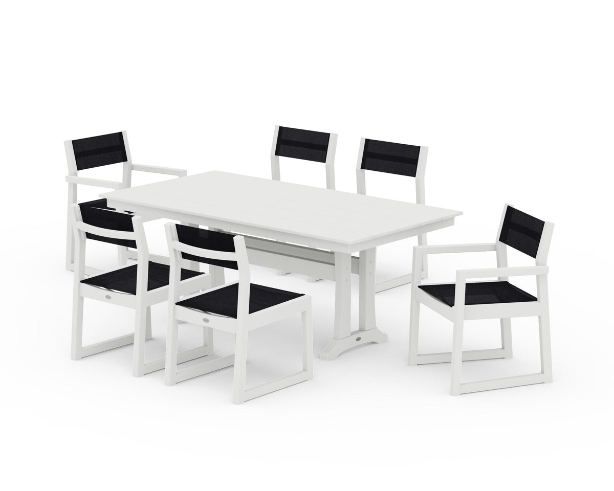 POLYWOOD EDGE Sling 7-Piece Farmhouse Trestle Dining Set in Vintage White / Black