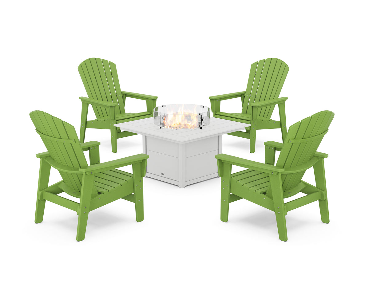 POLYWOOD 5-Piece Nautical Grand Upright Adirondack Conversation Set with Fire Pit Table in Lime / White