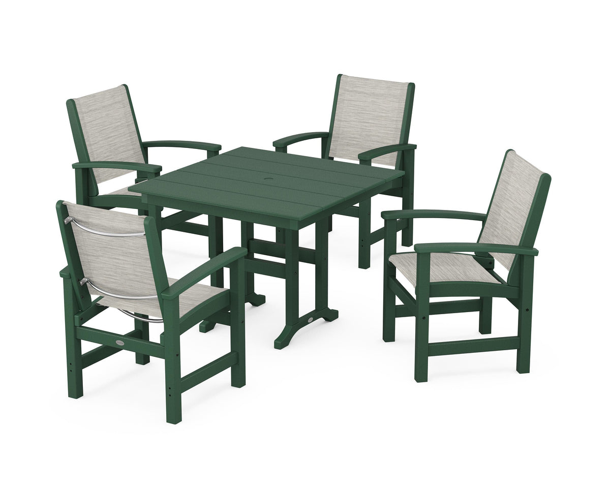 POLYWOOD Coastal 5-Piece Farmhouse Dining Set with Farmhouse 37" Dining Table in Green / Birch