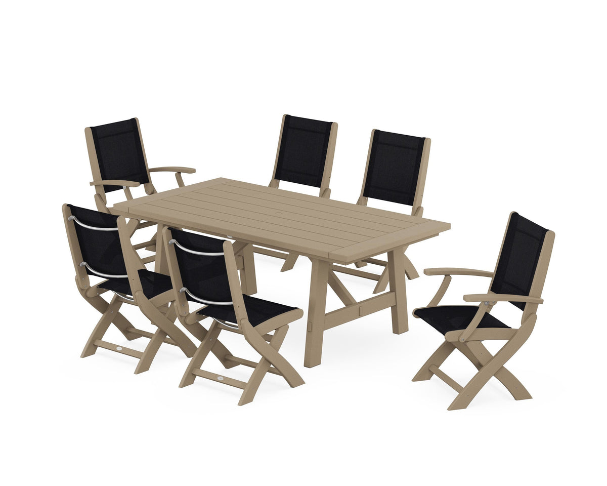 POLYWOOD Coastal Folding Chair 7-Piece Rustic Farmhouse Dining Set in Vintage Sahara / Black