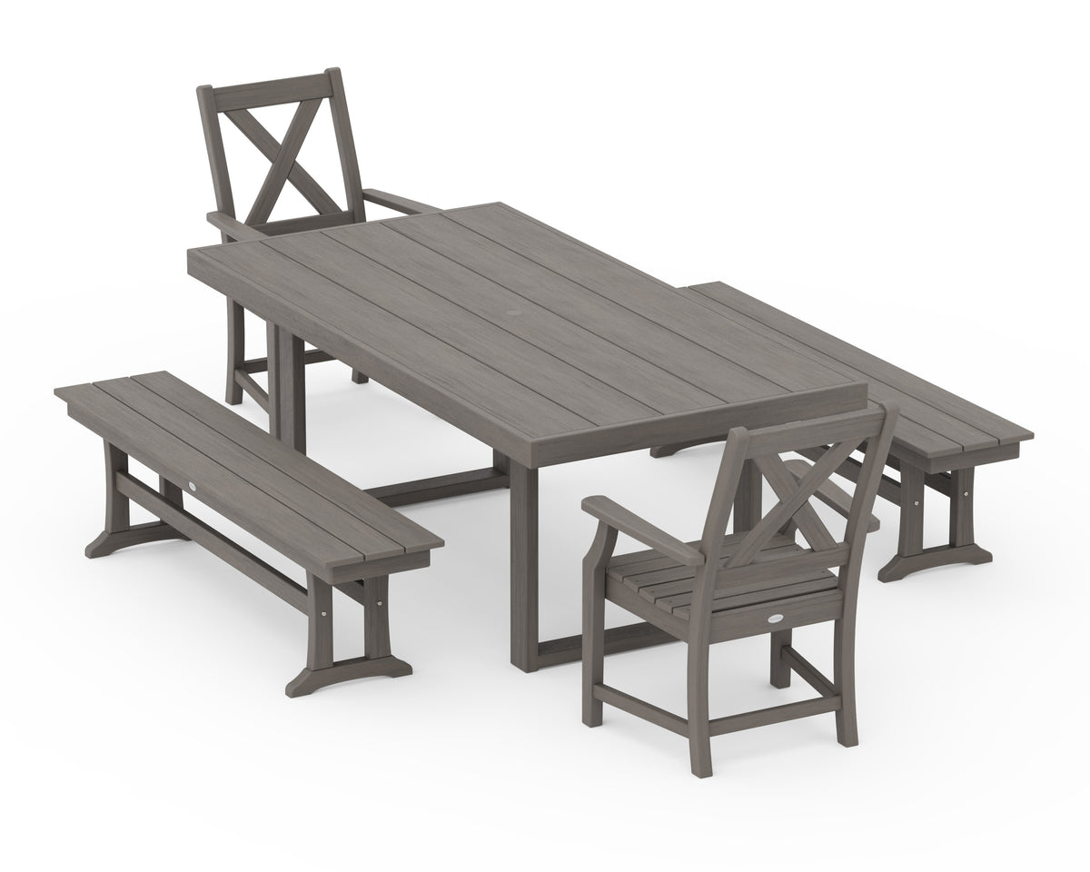 POLYWOOD Braxton 5-Piece Dining Set with Benches - 39" x 78" Table in Driftwood