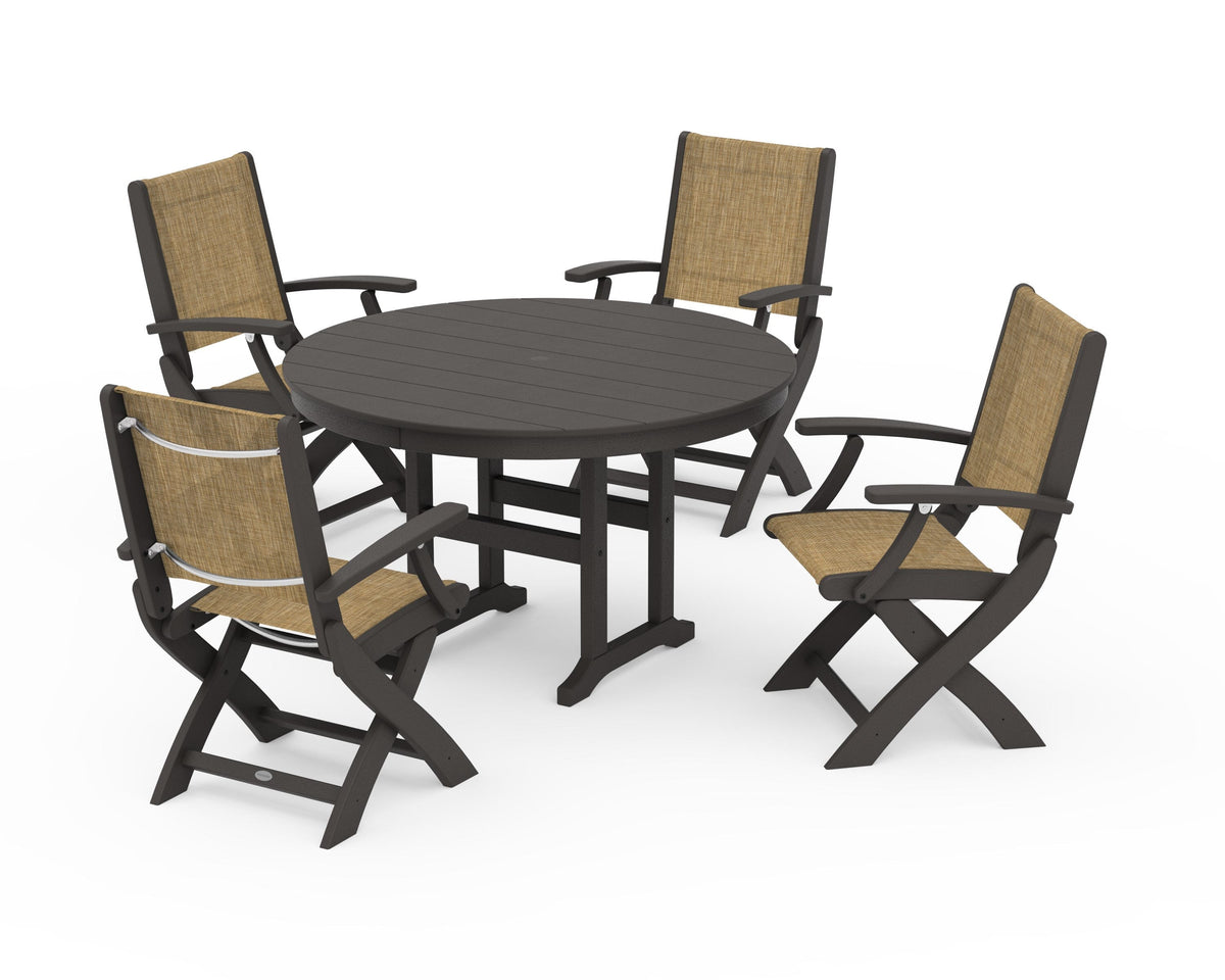 POLYWOOD Coastal Folding Chair 5-Piece Round Dining Set in Vintage Coffee / Burlap