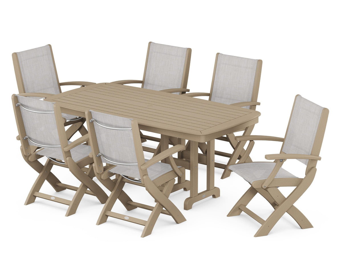 POLYWOOD Coastal Folding Arm Chair 7-Piece Dining Set in Vintage Sahara / Parchment