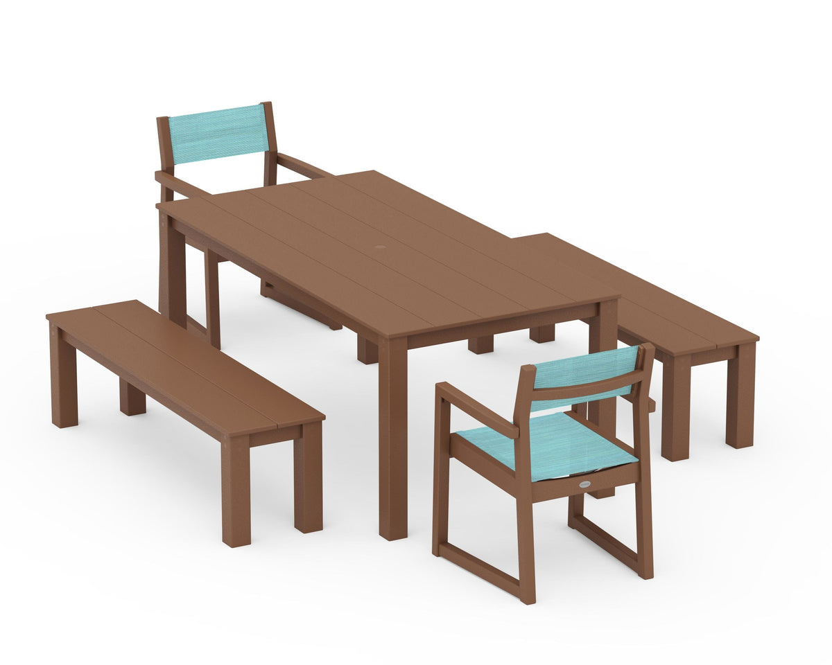 POLYWOOD EDGE Sling Arm Chair 5-Piece Parsons Dining Set with Benches in Teak / Dupioni Aquamarine