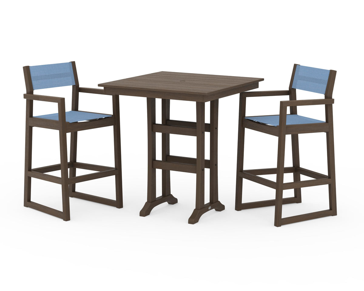 POLYWOOD EDGE Sling Arm Chair 3-Piece Farmhouse Bar Set with Trestle Legs in Kona / Poolside