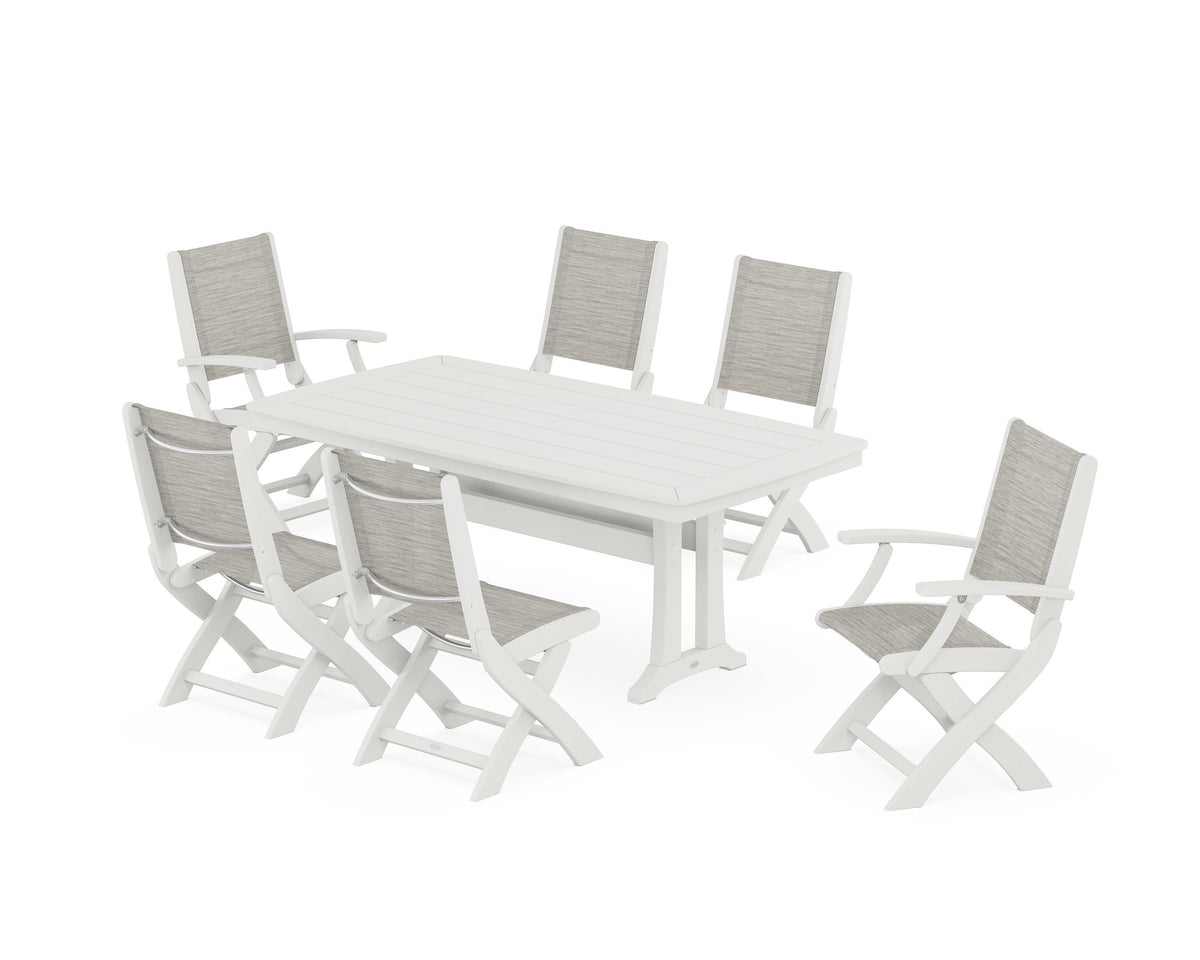 POLYWOOD Coastal Folding Chair 7-Piece Dining Set with Trestle Legs with Nautical Trestle 38" x 73" Dining Table in Vintage White / Birch