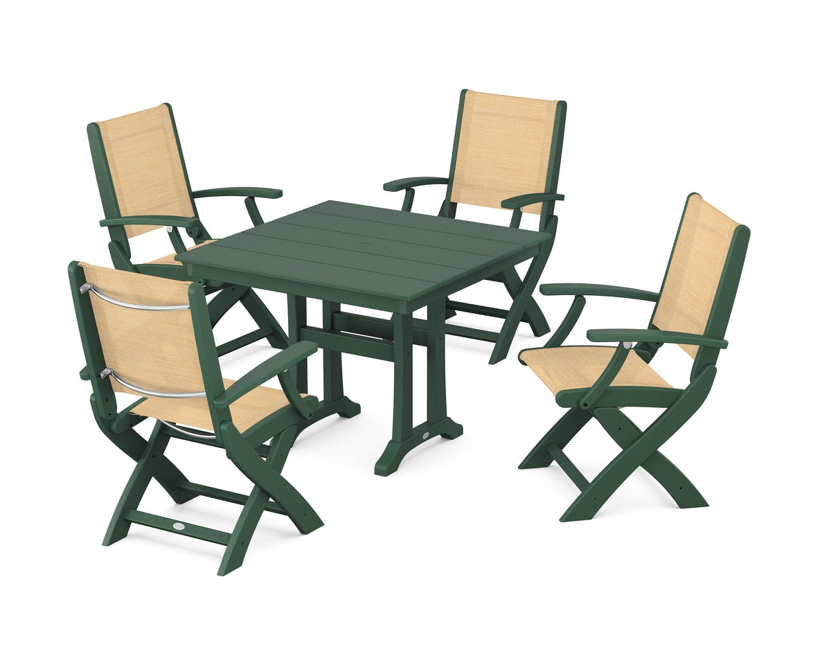 POLYWOOD Coastal Folding Chair 5-Piece Farmhouse Dining Set With Trestle Legs in Green / Dupioni Apricot