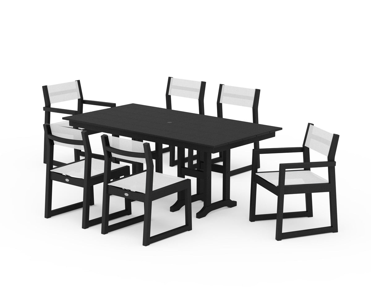 POLYWOOD EDGE Sling 7-Piece Farmhouse Dining Set in Black / White