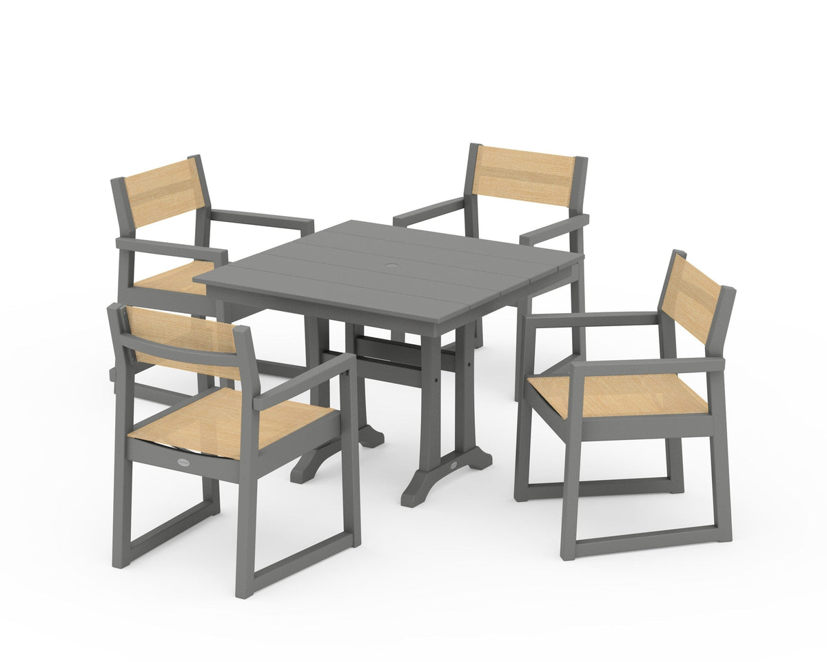 POLYWOOD EDGE Sling 5-Piece Farmhouse Dining Set with Trestle Legs in Slate Grey / Dupioni Apricot