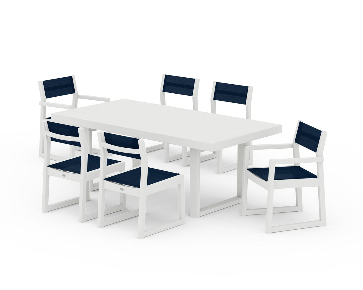 POLYWOOD EDGE Sling 7-Piece Dining Set in Vintage White / Navy Blue