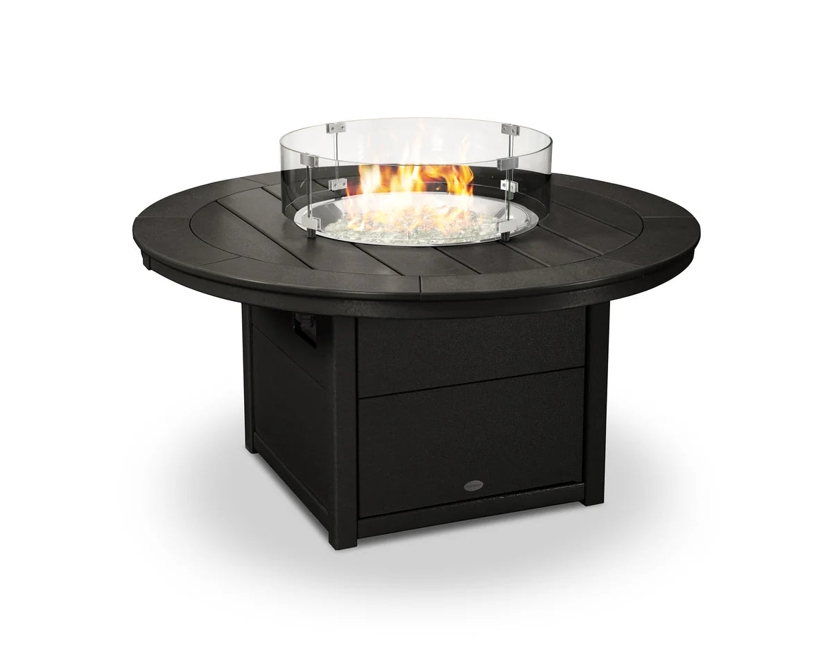 Black fire pit table with flames on a white background