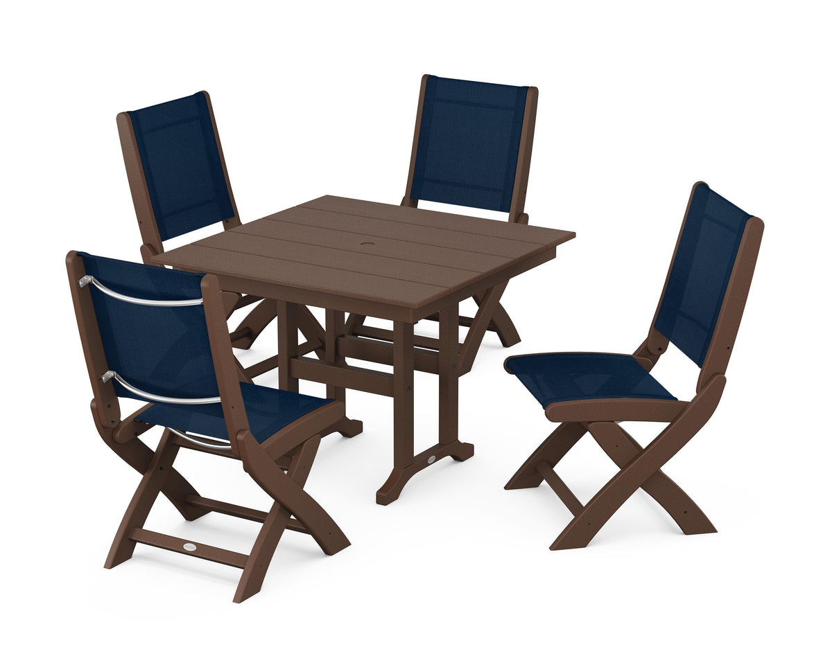 POLYWOOD Coastal Folding Side Chair 5-Piece Farmhouse Dining Set in Mahogany / Navy Blue
