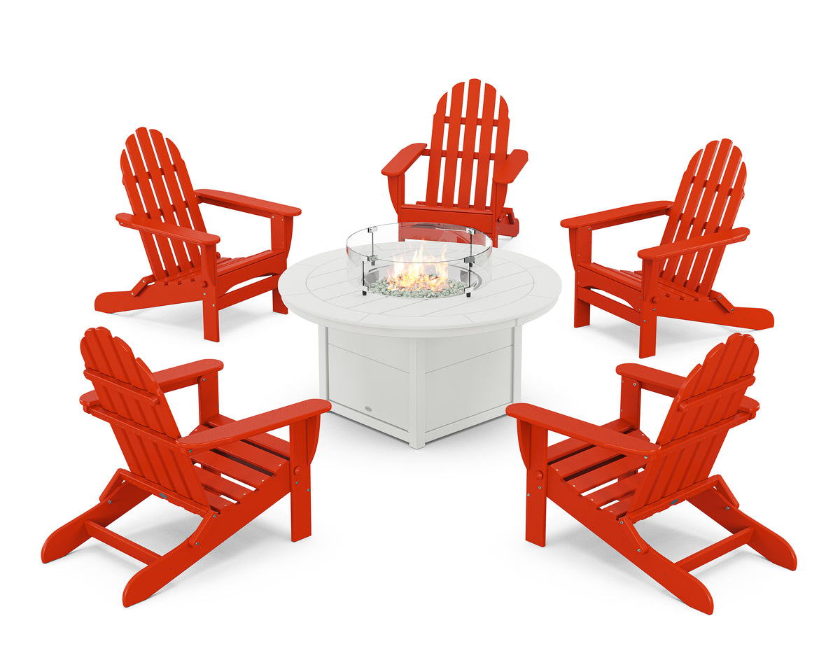 POLYWOOD Classic Folding Adirondack 6-Piece Conversation Set with Fire Pit Table in Sunset Red / White