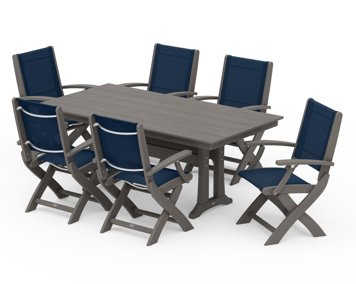 POLYWOOD Coastal Folding Arm Chair 7-Piece Farmhouse Dining Set with Trestle Legs in Driftwood / Navy Blue