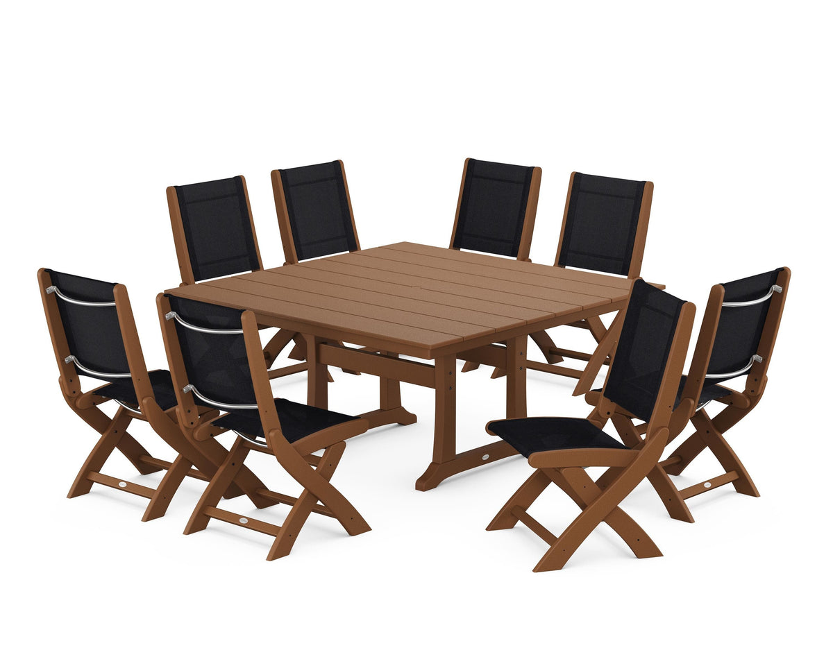 POLYWOOD Coastal Folding Side Chair 9-Piece Farmhouse Dining Set in Teak / Black