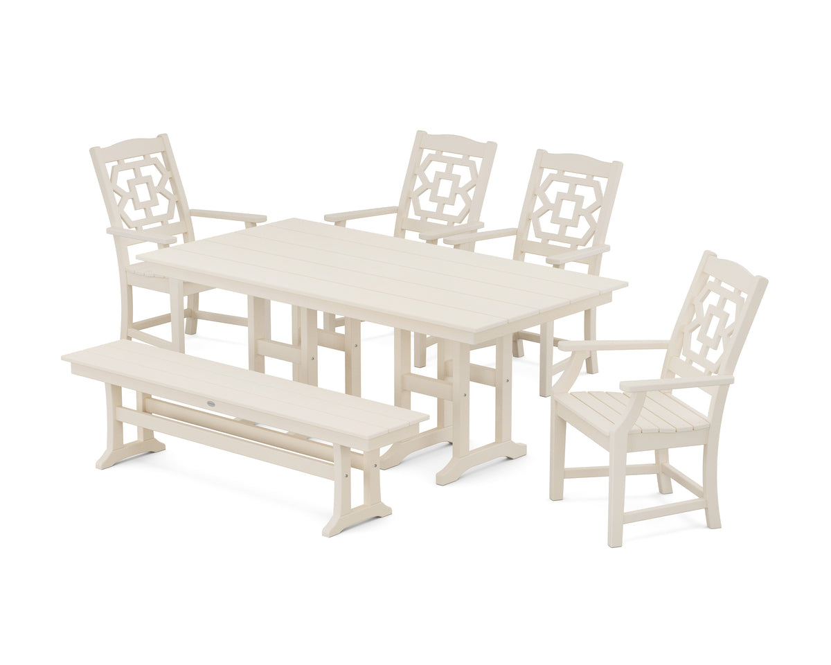 POLYWOOD Chinoiserie 6-Piece Farmhouse Dining Set with Bench in Sand