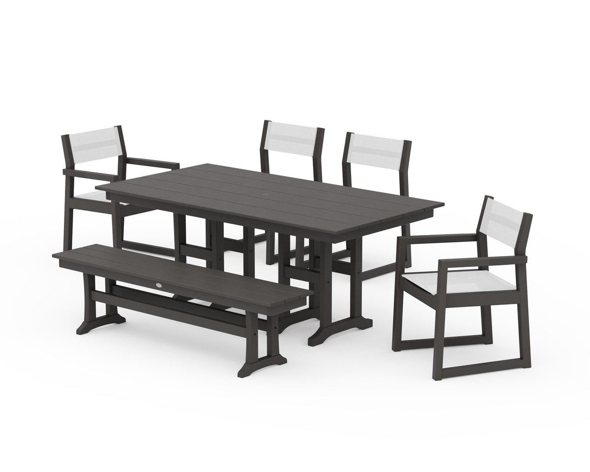 POLYWOOD EDGE Sling 6-Piece Farmhouse Dining Set in Vintage Coffee / White