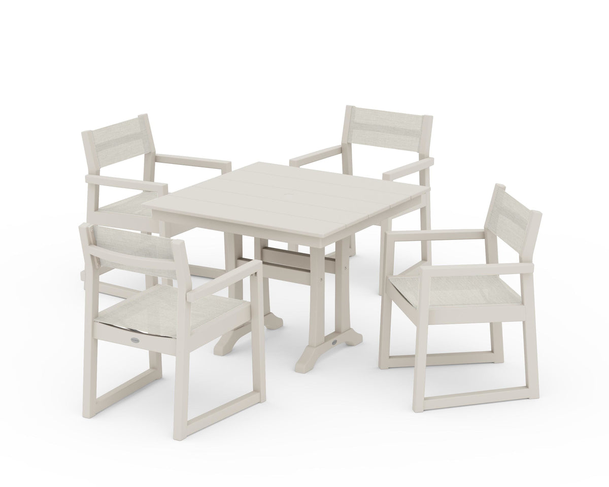 POLYWOOD EDGE Sling 5-Piece Farmhouse Dining Set with Trestle Legs in Sand / Parchment