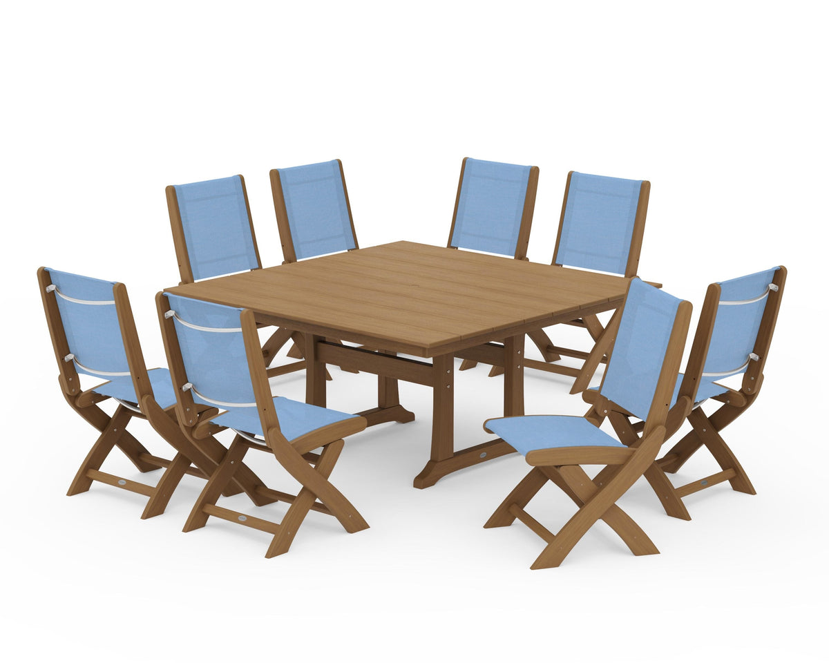 POLYWOOD Coastal Folding Side Chair 9-Piece Farmhouse Dining Set in Natural / Poolside