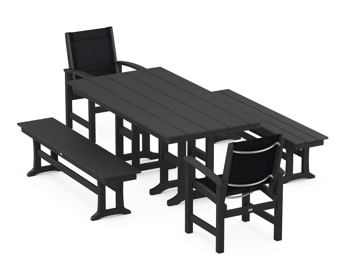 POLYWOOD Coastal 5-Piece Farmhouse Dining Set with Farmhouse 37" x 72" Dining Table in Black / Black