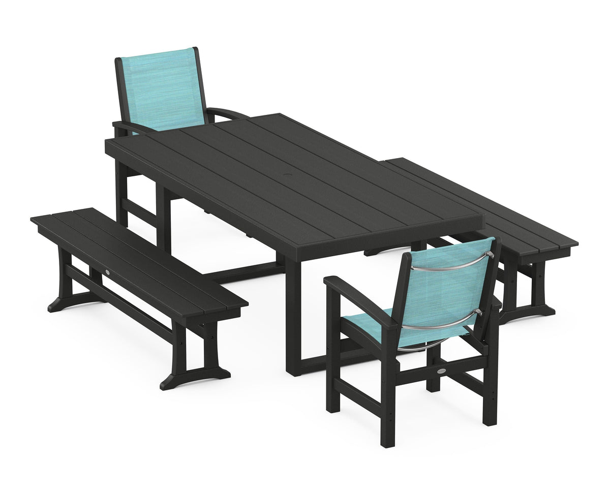 POLYWOOD Coastal 5-Piece Dining Set with Trestle Legs with EDGE 40" x 78" Dining Table in Black / Dupioni Aquamarine