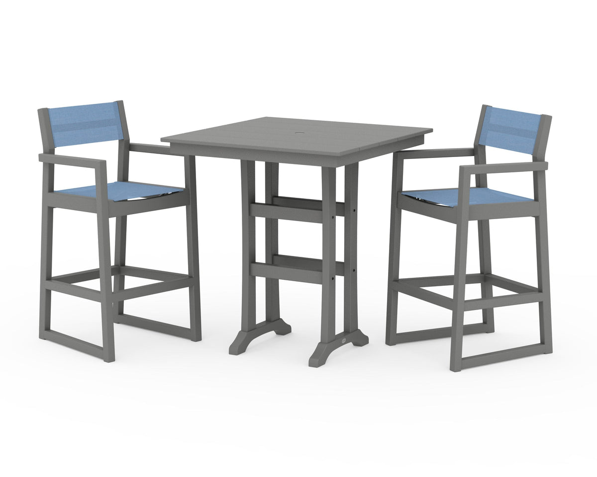 POLYWOOD EDGE Sling Arm Chair 3-Piece Farmhouse Bar Set with Trestle Legs in Slate Grey / Poolside