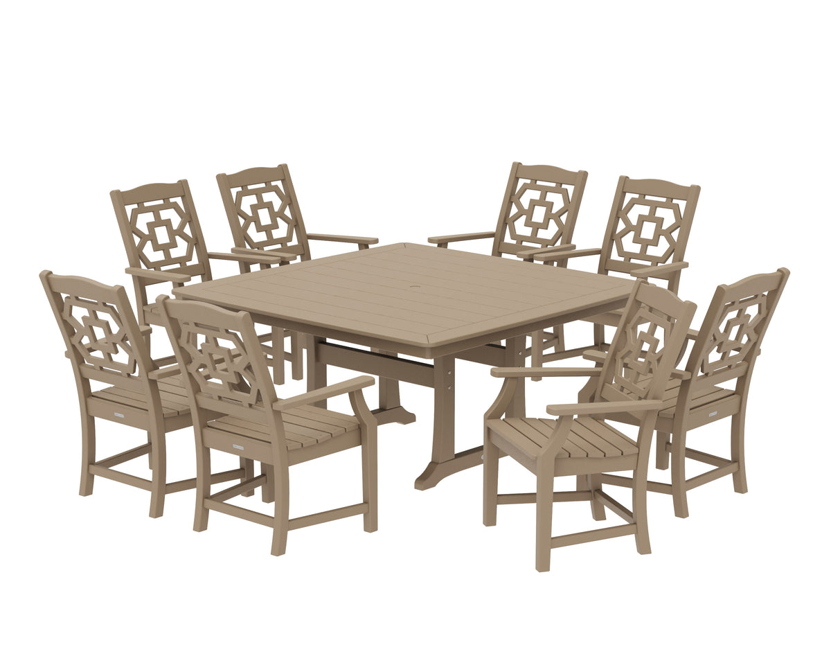 POLYWOOD Chinoiserie 9-Piece Square Dining Set with Trestle Legs in Vintage Sahara