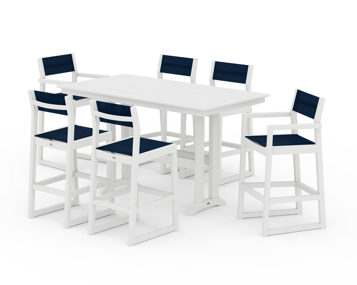 POLYWOOD EDGE Sling 7-Piece Farmhouse Bar Set with Trestle Legs in White / Navy Blue