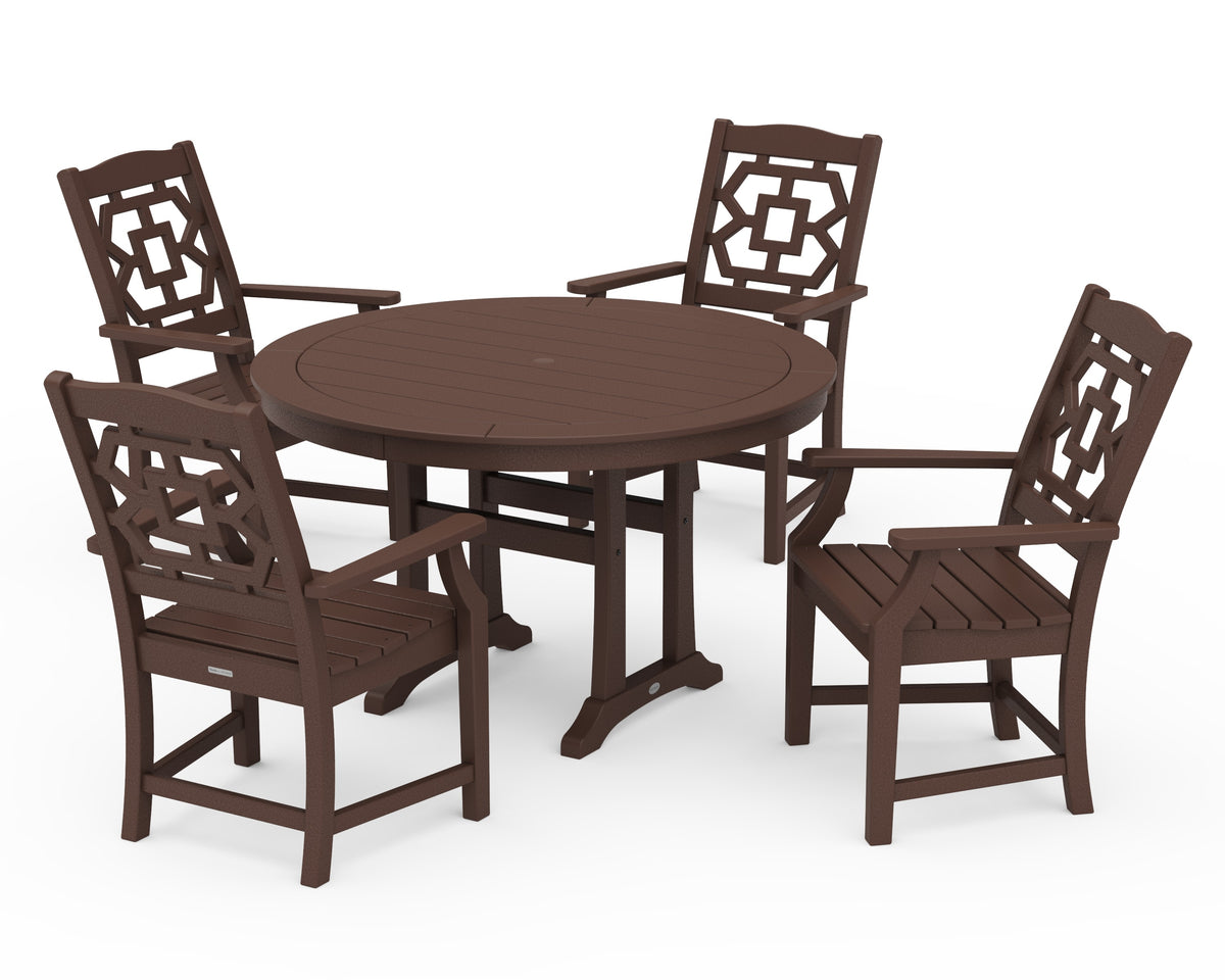 POLYWOOD Chinoiserie 5-Piece Round Dining Set with Trestle Legs in Mahogany