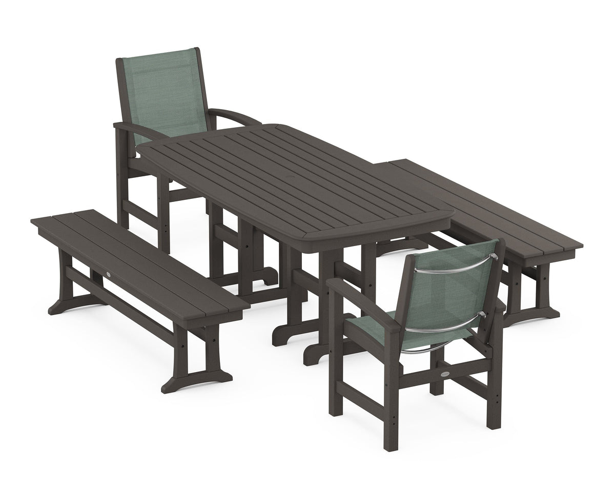 POLYWOOD Coastal 5-Piece Dining Set with Nautical 37" x 72" Dining Table in Vintage Coffee / Dupioni Sea Mist