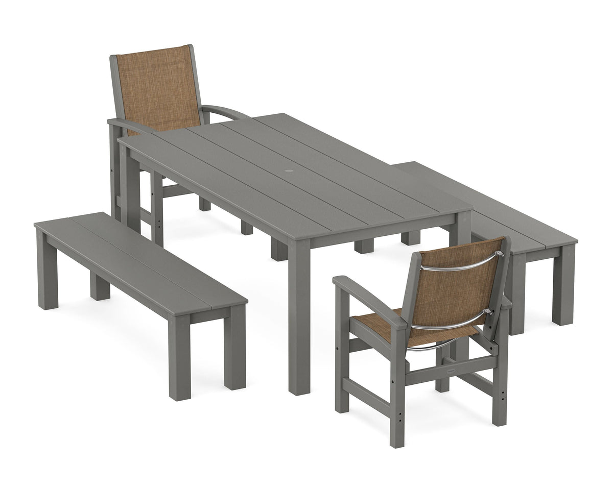 POLYWOOD Coastal 5-Piece Parsons Dining Set with Benches in Slate Grey / Burlap